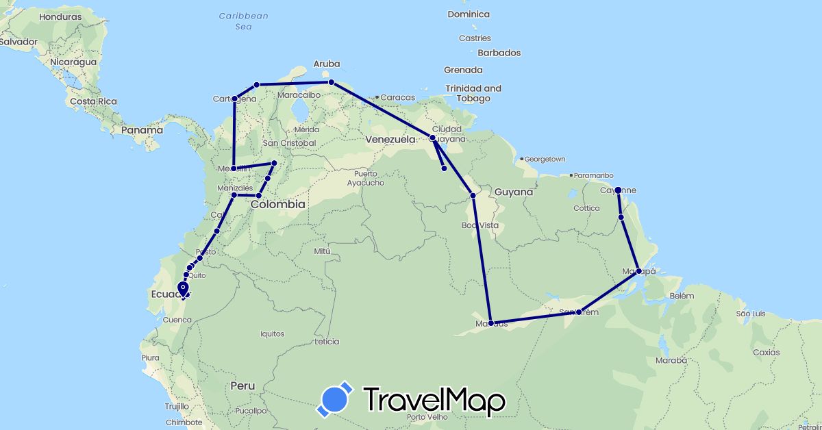 TravelMap itinerary: driving in Brazil, Colombia, Ecuador, French Guiana, Venezuela (South America)
